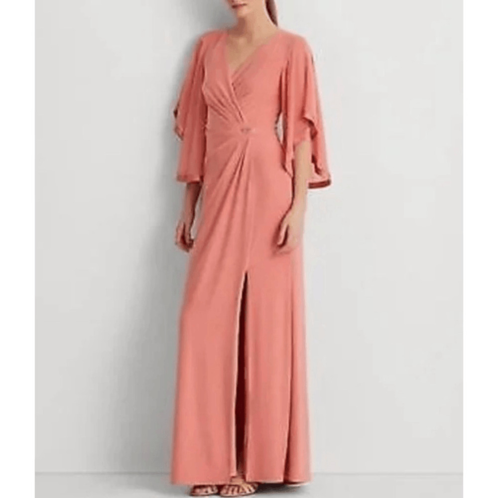 Ralph Lauren Jersey Full Dress Sz 4 Desert Rose Chiffon Sleeve Wedding Formal